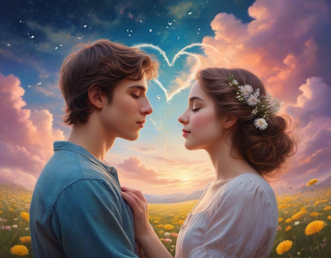 A whimsical, dreamy scene depicting a young couple in an intimate yet playful embrace, surrounded by soft pastel colors and blooming flowers. The backdrop features a twilight sky scattered with twinkling stars, symbolizing the emotions of first love and exploration. Gentle breezes create a sense of movement, with petals swirling around them, representing the thrill of young romance. Include playful elements like heart-shaped clouds and dandelions to enhance the sense of innocence and passion. vibrant colors. surreal art.