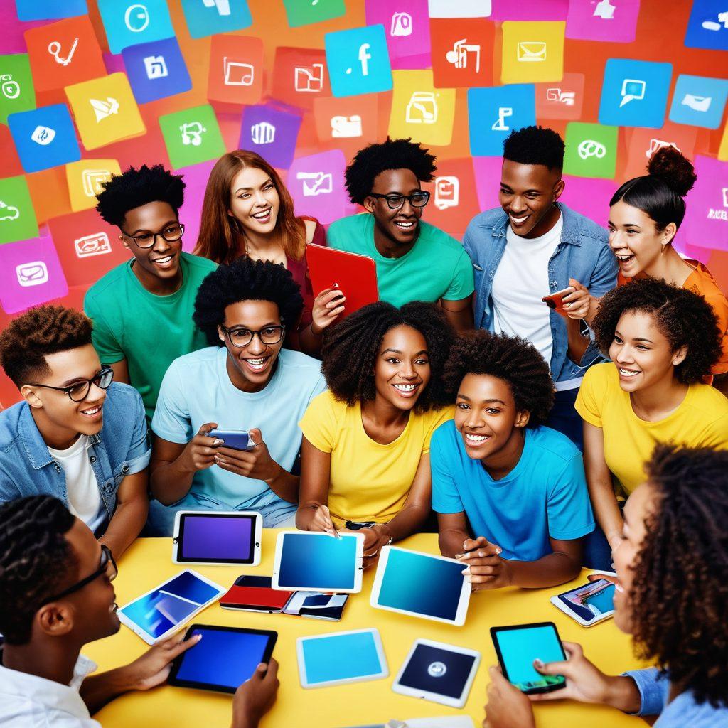 A diverse group of enthusiastic young adults engaged in a lively discussion about sexual health, surrounded by colorful media devices like smartphones and tablets showcasing educational content. The backdrop features a vibrant and urban setting, symbolizing the influence of media on youth today. Expression of empowerment and knowledge sharing is key. super-realistic. vibrant colors. 3D.
